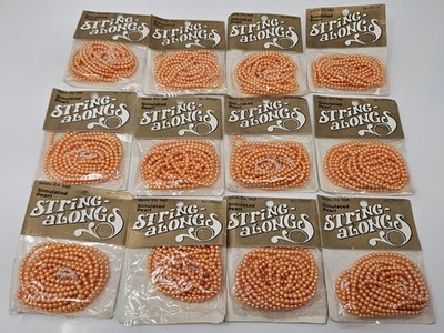 Lot 12 VTG String-Alongs Orange Faux Pearls 3.5mm Round Plastic Beads 60'' JAPAN