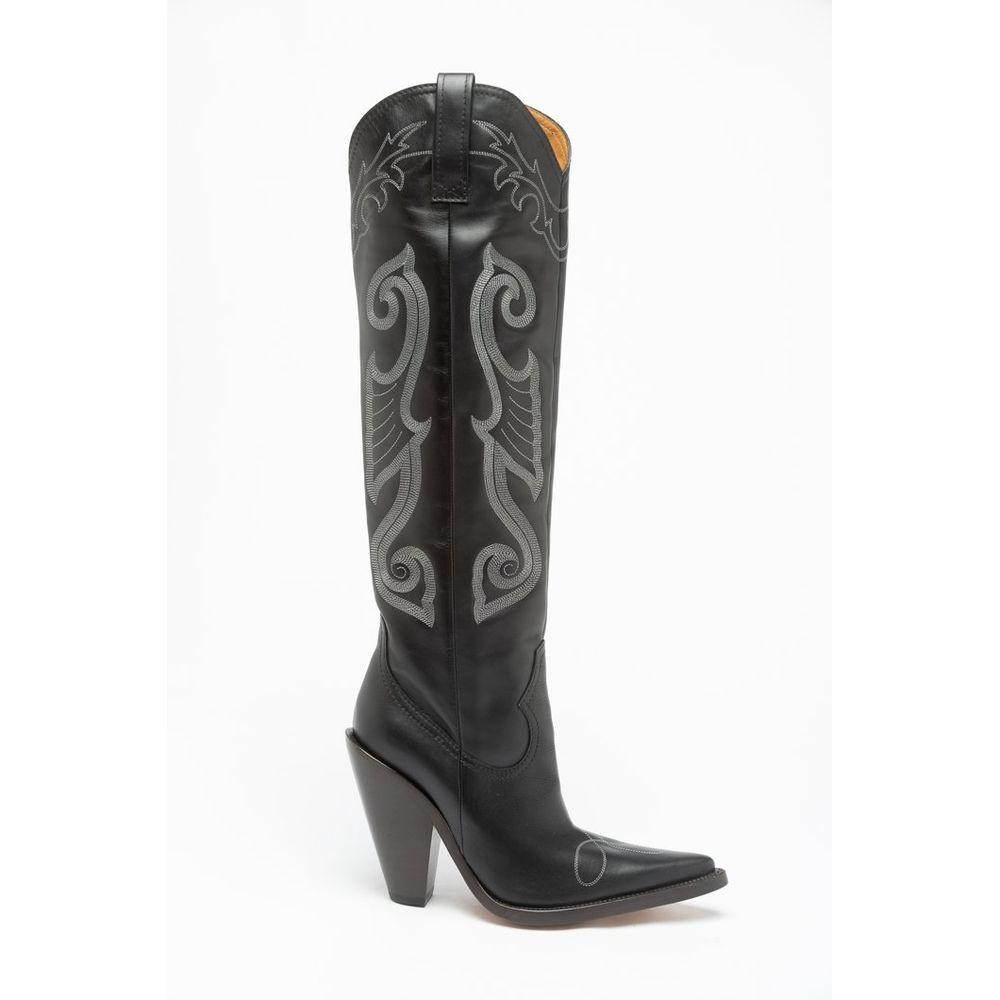 Moschino Women Black Over-The-Knee Boots 100% Leather Embroidered Booties EUR 40