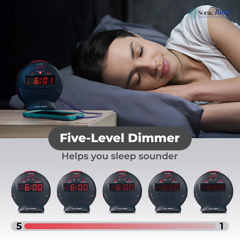 Loud Dual Alarm Clock with Bed Shaker Red Flash Lights Easy Set Backup Dimmer - Image 2 of 4
