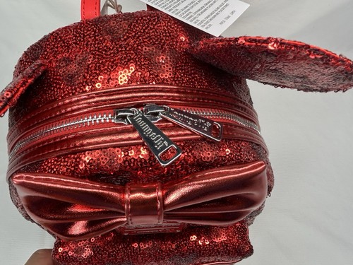 Disney Parks Loungefly Mini Zaino Rosso Paillettes Minnie Mouse Topolino Icone NUOVO - Foto 8 di 9
