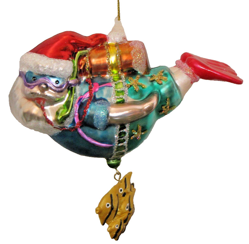 Santa Scuba Diving Fish Snorkel Glass Glittered 4.5" Christmas Ornament