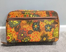 VTG 1970's Bantam Suitcase Small Travel Ware Brown Yellow Orange Floral Hippie