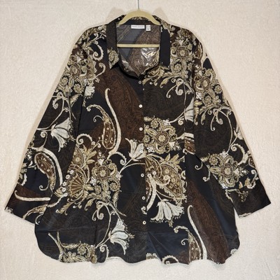 NWOT! Susan Graver Satin Blouse Women s PLUS 3X Paisley Button Up Classy Comfort