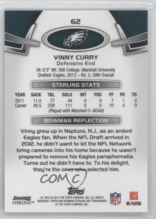 2012 Bowman Sterling Vinny Curry #62 Rookie RC - Image 2 of 2