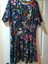 Simply Be Black Floral Skater Dress Round Neck Short Sleeve Lace-Up Knee 16-18