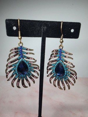 Eye Candy LA Crystal Peacock Feather Dangle Drop Earrings