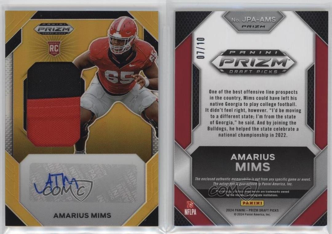 2024 Prizm Draft Picks Gold 7/10 Amarius Mims RPA Rookie Jumbo Patch Auto RC view 3