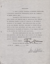 FRANCIS FORD COPPOLA - DOCUMENT SIGNED 03/05/1981 CO-SIGNED BY: JEAN A. AUTREY