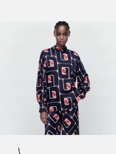 NWT ZARA Abstract Navy Geometric Print Satin Two Piece Oversized Coord Set Sz S
