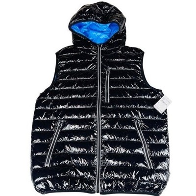 NWT Noize Men's Medium Hooded Puffer Vest Black High Shine Gloss Blue Lining