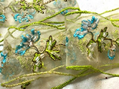 embroidery hand sewn trim flowers organza glass beads 1yd lime  turquoise