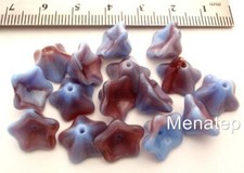 12 13mm Trumpet Flower Glass Beads: Blue/Raspberry Swirl