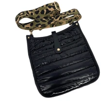 Womens Animal Print Strap Shiny Nylon Puffer Crossbody Bag Black Medium