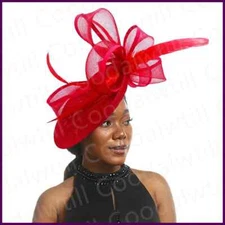 Red Fascinator Hat Wedding Church Headpiece Women Formal Event Tea Chapeau