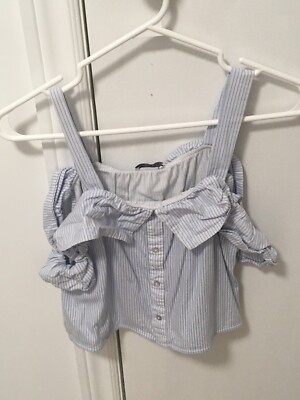 Zara Collections Blouse Top Casual Blue/White Women s Size Small Shoulder Off