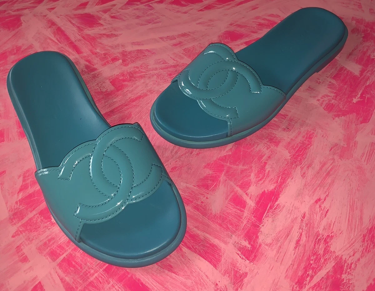 CHANEL Cambon Shoes Sandals Flats Mules Turquoise Blue Patent Leather Size  39 C