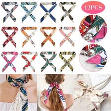 12 PCS Women Satin Silk Scarf Wrap Tied Bag Handle Neck Hair Long Ribbon Travel
