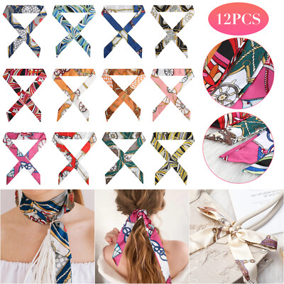#ad 12 PCS Women Satin Silk Scarf Wrap Tied Bag Handle Neck Hair Long Ribbon Travel $8.48