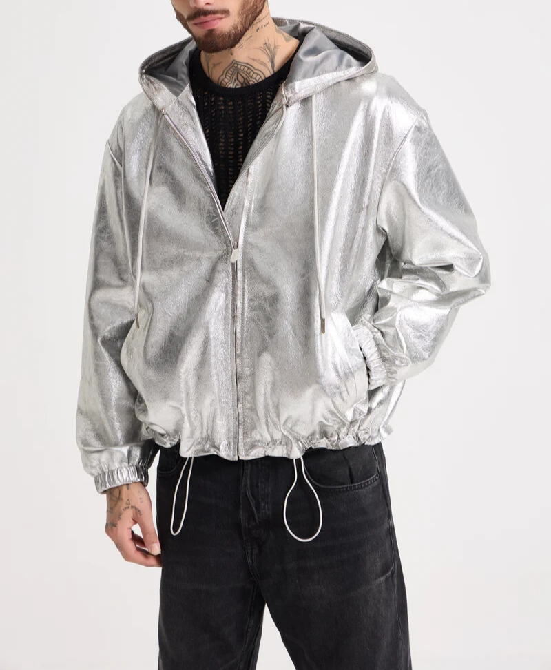 Men’s Metallic Silver Genuine Leather Hooded Zip Jacket Streetwear Bomber  Style