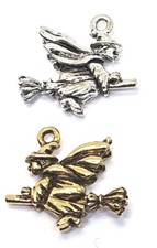 2 Pcs. Witch on Broom / Kitchen Witch Charms Pendants Cast Fine Pewter
