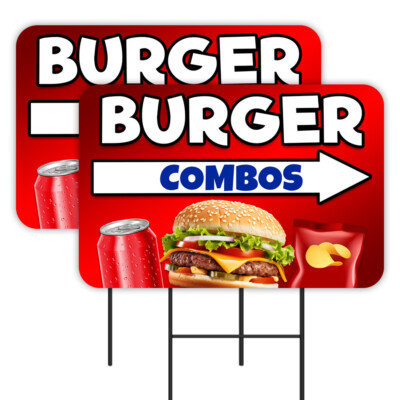 Burger Combos 2 Pack Double-Sided Yard Signs 16'' x 24'' with Metal Stakes (Made i