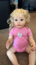 Blonde Curly Hair Baby Doll in Pink Cat Outfit Soft Body Vinyl Cloth