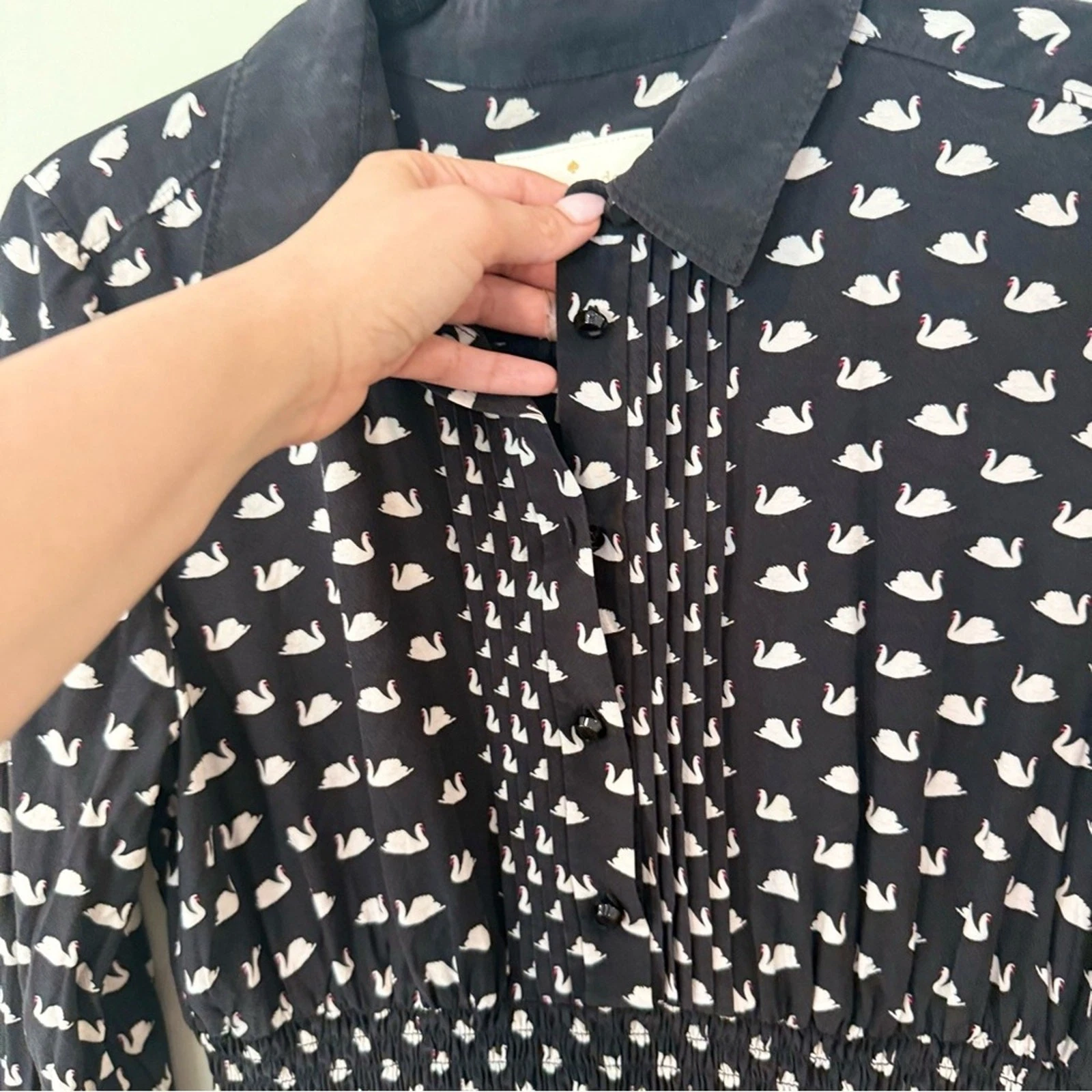 Camicia Kate Spade Preppy stampa cigno misto seta taglia Large 1885