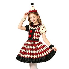Kids Girls Clown Costume Flared Skirt Cosplay Short Sleeve Dress Photoshoot Set
