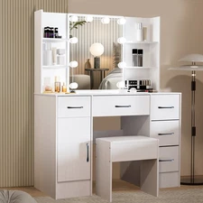 Makeup Vanity Set Dressing Table Desk with Stool LED Lighted Mirror 5 Drawers US