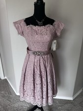 NWT Eliza J Lace Fit Flare Dress Womens 0 Blush Pink Jeweled Belt Cocktail