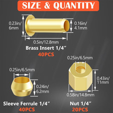 50PCS 1/4" Brass Compression Fittings Assortment Kit, Insert, Sleeve Ferrule, Nu