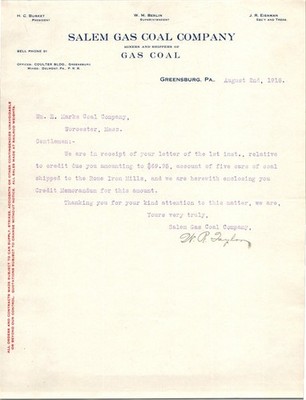 1918 Salem Gas Coal Company Letterhead Greensburg PA Coal Industry Ephemera