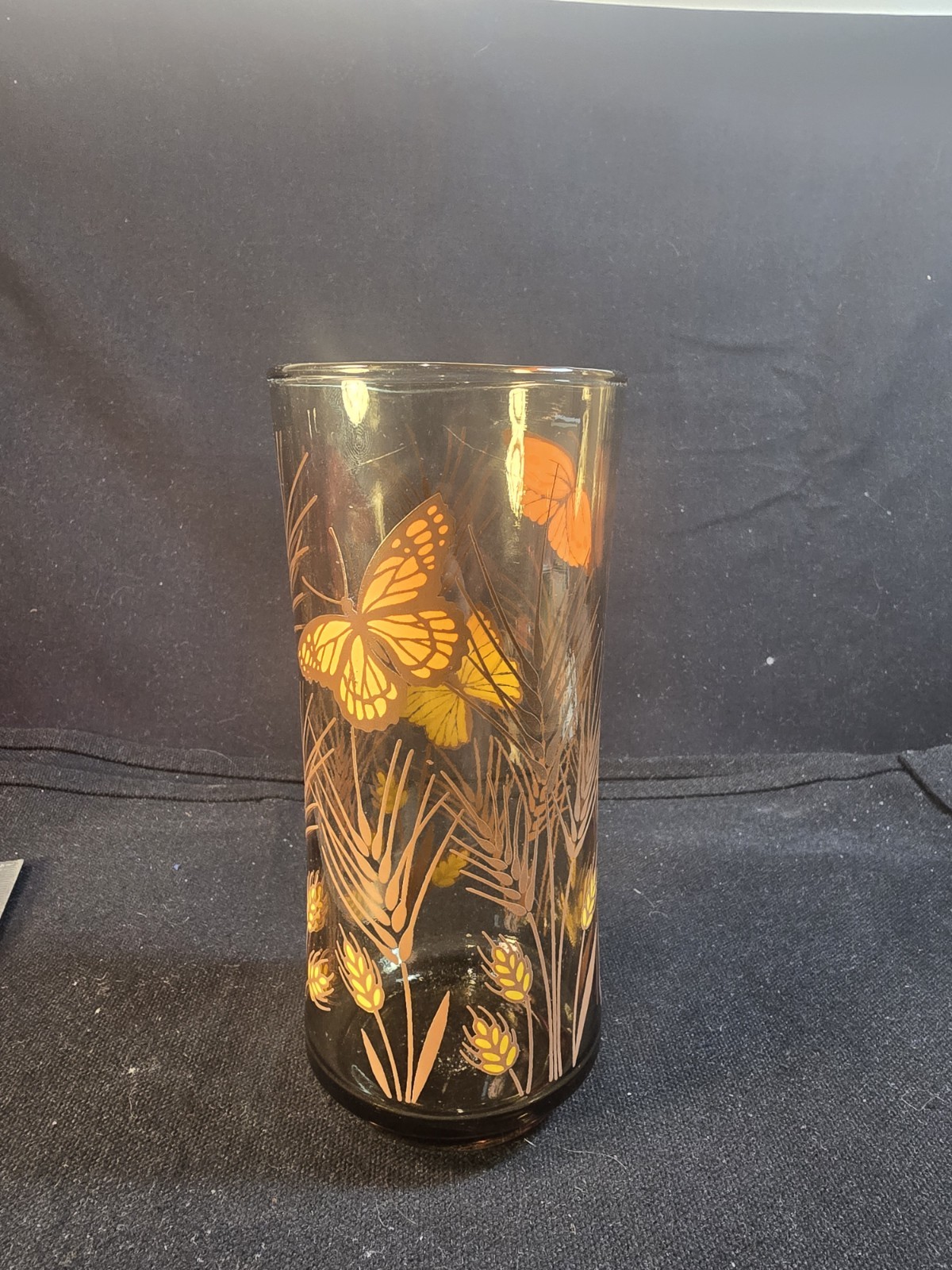 Vintage Libbey Smoked Glass Monarch Butterfly Wheat Tumbler Retro