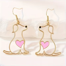 Cute Golden Hollow Dog Pink Heart Puppy Dangle Drop Earrings Jewelry Gift