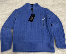 Polo Ralph Lauren Childs Sweater Size 6 BLUE Cotton Cable Knit 1/4 zip Logo New