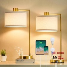 Set of 2 Gold Desk Lamps with USB C A Ports, Stepless Design
