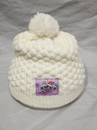 Y2K Power Puff Girls 2001 Cream Bubble Knit Stocking Hat / Beanie w Top Puff