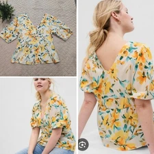 GAP Cream Yellow Floral Soft Linen Popover Blouse, Size Small Tall