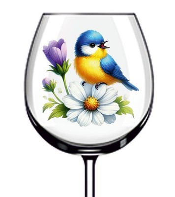 12x bunte Gänseblümchen Blume Vogel UV DTF Aufkleber Becher Weinglas Tasse Becher
