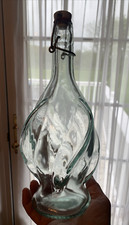 Vintage Made in Italy Glass Bottle Green Tint with Metal Clasp Stopper Approx 11
