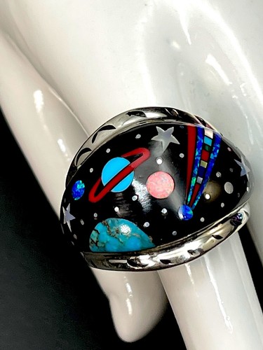 ANILLO ZODIACO CELESTIAL FIRMADO ARTESANALMENTE S* PLATA ESTERLINA MICRO INCRUSTACIÓN PIEDRA TALLA 10 - Imagen 3 de 8