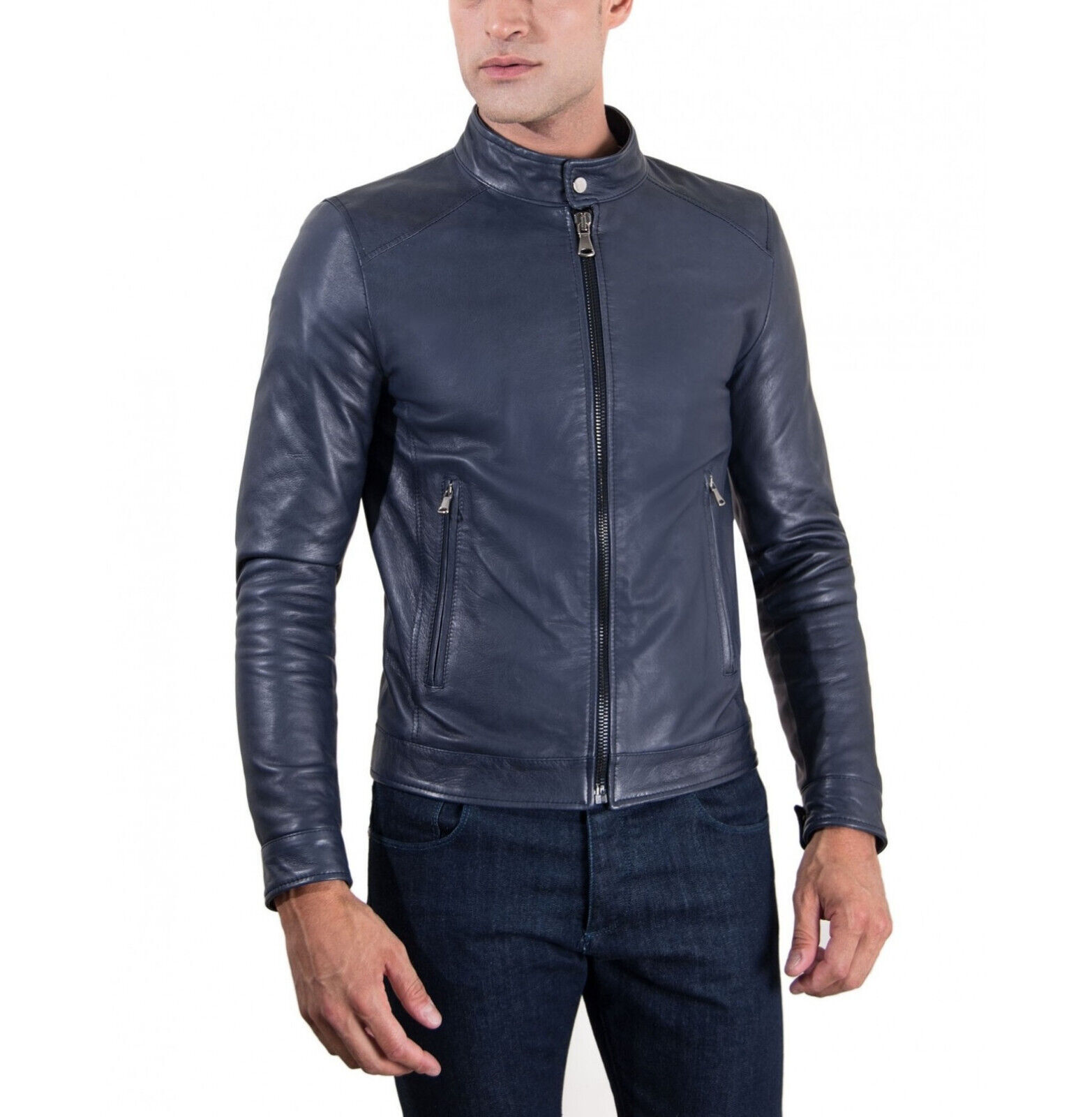 Zayn Mens Navy Blue 100% Real Lambskin Leather Slim Moto Biker Jacket