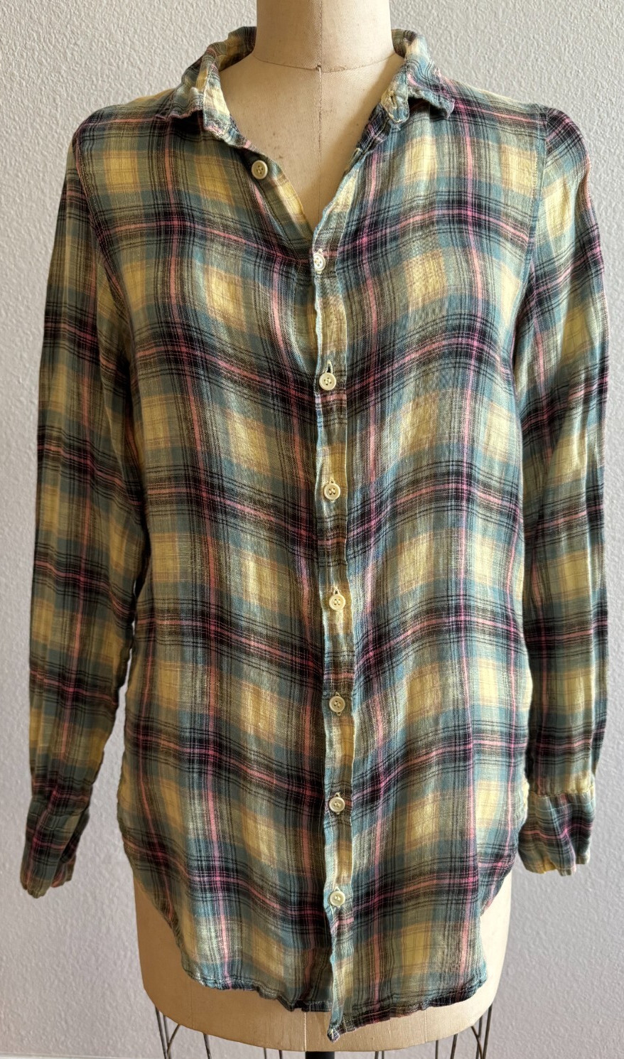 CP Shades Linen Blue Yellow Pink Plaid Button Front Shirt Tunic Size XS GUC
