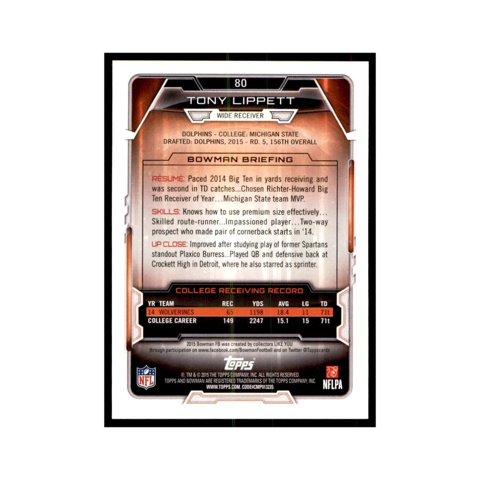 2015 Bowman Tony Lippett RC Football Cards #80 - Image 2 of 3