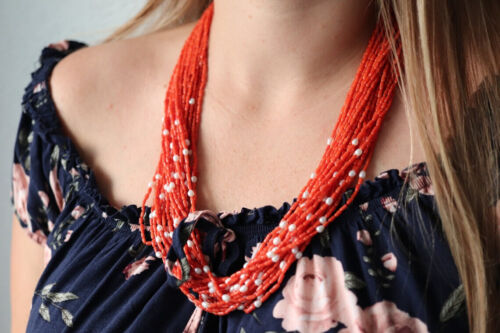14k Coral Pearl Bead Necklace. Multi-Strand Liqui… - image 1