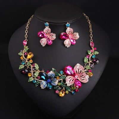 Rhinestone Colorful Flower Necklace Earring Jewelry Set Women