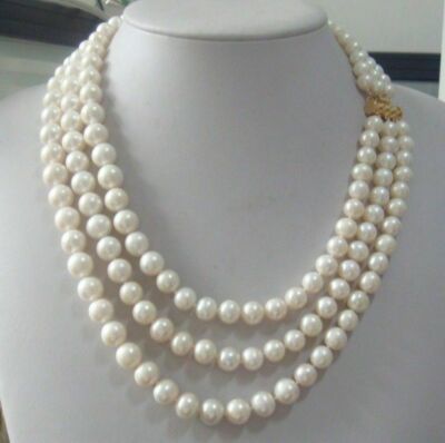 Natural AAA 9-10mm Triple Strands South Sea White Pearl Necklace 18-22'' 14k