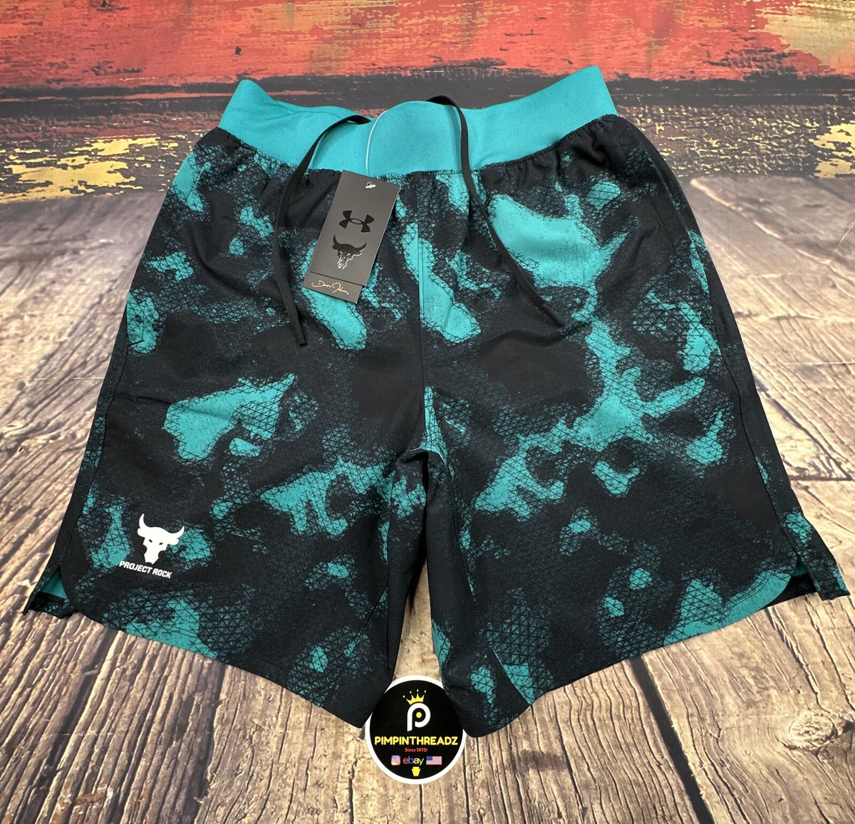 Under Armour Mens Project Rock Woven Shorts MEDIUM Camo Black Teal Gym Jock NEW
