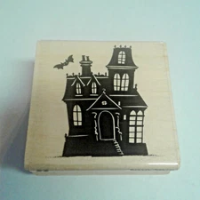 Haunted House Mansion Rubber Stamp NEW Halloween Holiday Craftsmart Wood Mount