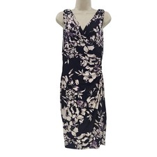 Lauren Ralph Lauren Dress Womens 6 Black Purple Floral Sheath Sleeveless Ruched